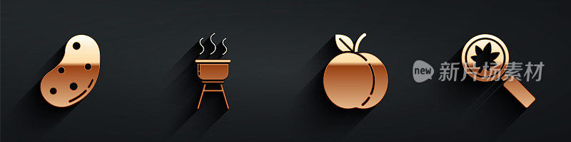 Set Potato, Barbecue grill, Peach fruit and放大镜with leaf icon with long shadow。向量